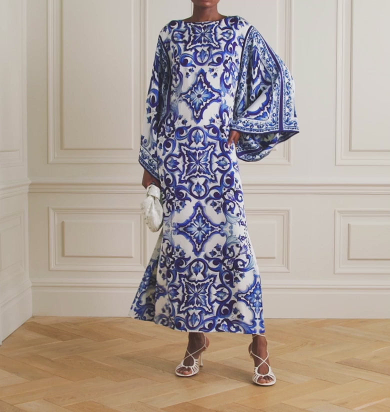 MAJESTIC BLUE &amp; WHITE PORCELAIN PRINT KAFTAN