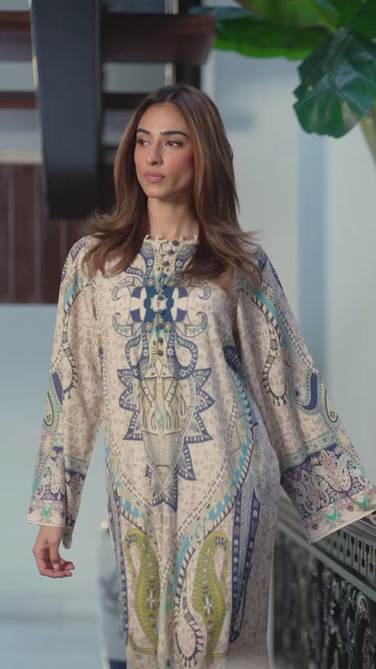 Printed Kaftan Maxi Dress - Beige &amp; Blue Ethnic Print