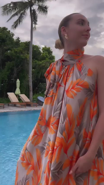 Tropical Sunset Halter Neck Maxi Dress