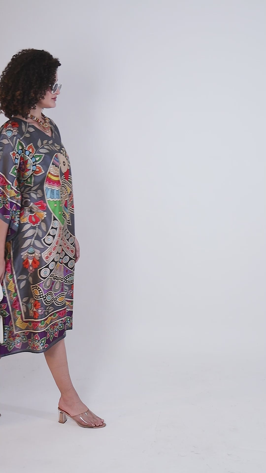 Madhubani Printed Designer Kaftan: Gray Base, Viscose Silk, Calf Length, Free Size - Stylish &amp; Chic for Women