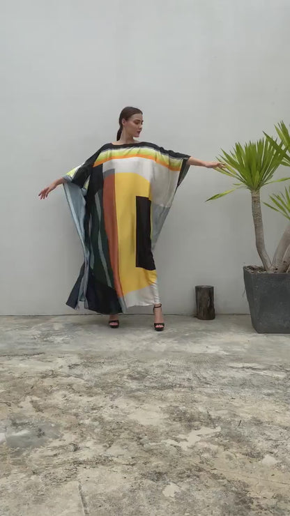 Satin Silk Geometric Print Beachwear Long Kaftan