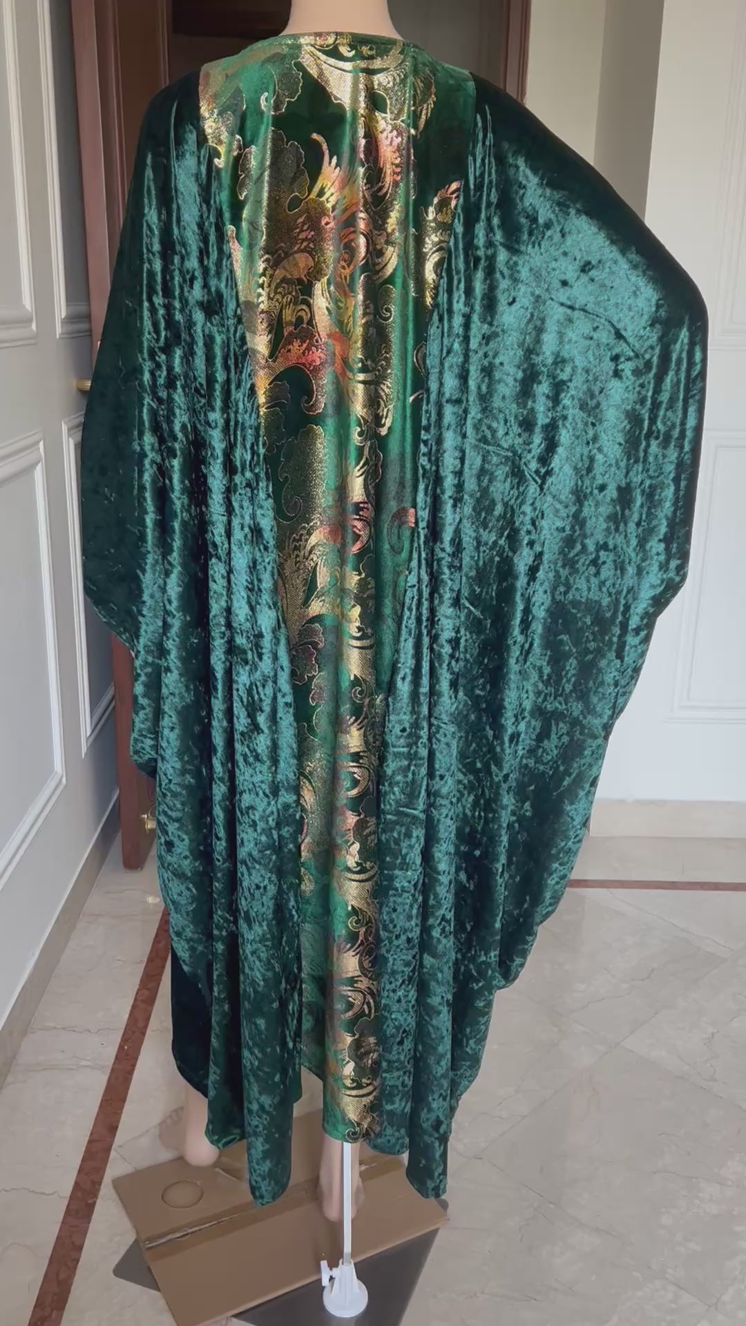 Elegant Green Velvet Kaftan Dress with Golden Embellishments