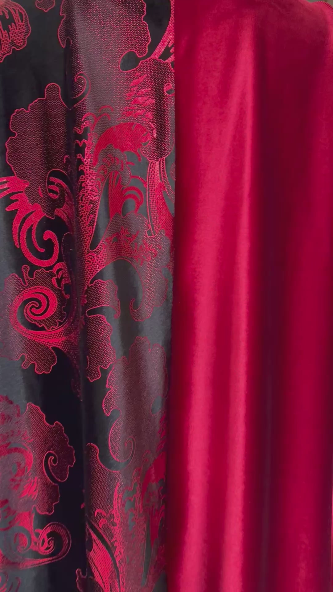 Elegant Red and Black Velvet Kaftan with Floral Patterns