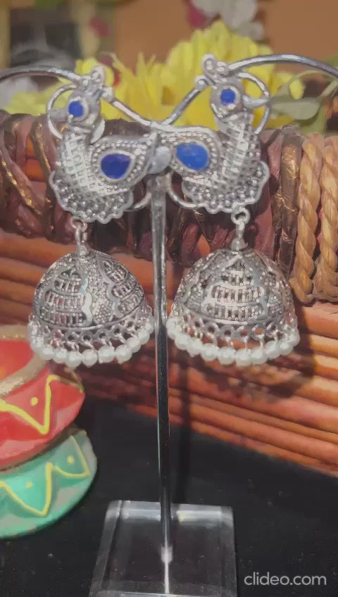 Big Blue Meena Embedded Peacock Silver Replica Jhumka