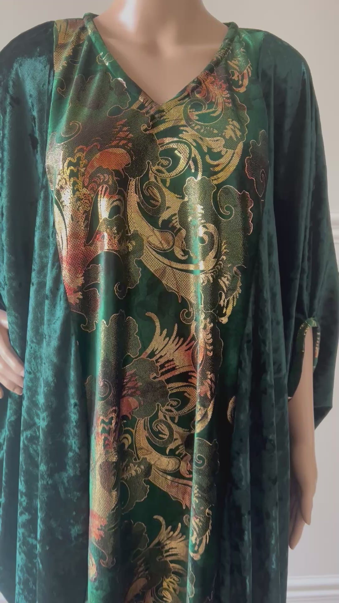 Elegant Green Velvet Kaftan Dress with Golden Embellishments