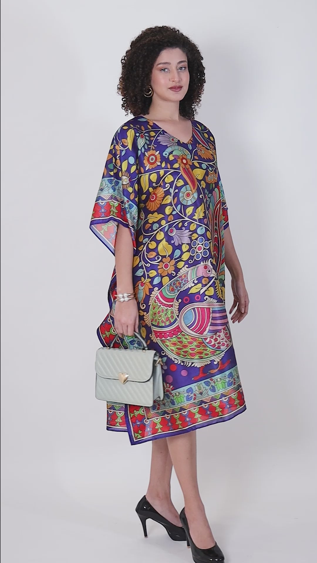 Madhubani Printed Stitched Kaftan Top Viscose Silk, Calf Length, Free Size - Stylish &amp; Chic for Women.