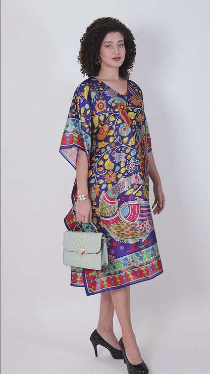 Madhubani Printed Stitched Kaftan Top Viscose Silk, Calf Length, Free Size - Stylish &amp; Chic for Women.