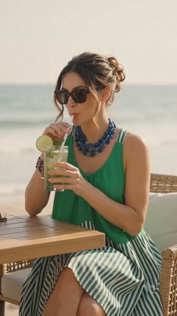 Green Sleeveless Flared Short Dress with Black &amp; White Strips