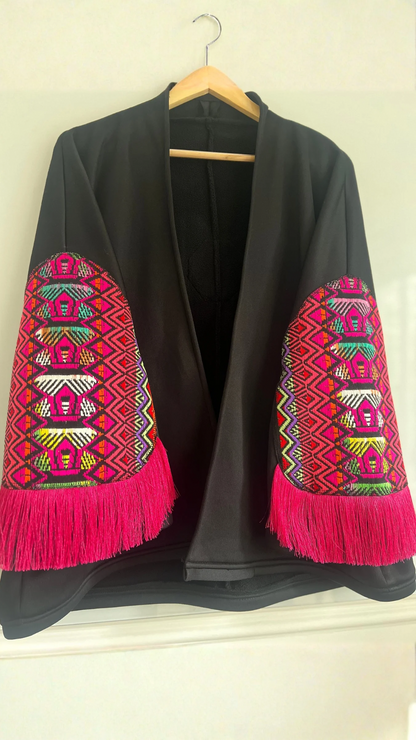 Black Embroidered Boho Shrug with Pink Fringe Sleeves