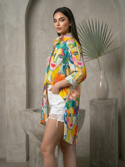 Yellow Multicolor Artistic High low  Casual Summer Shirt for Women